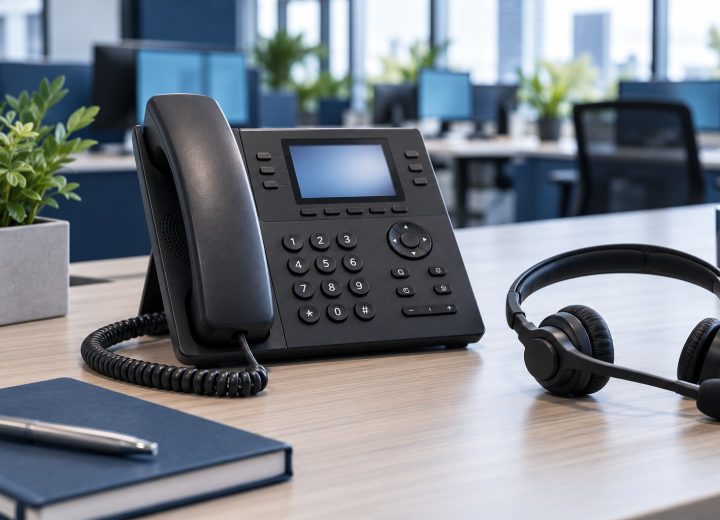 Ενδεικτική εικόνα τηλεφωνικής συσκευής VoIP και ακουστικών επικοινωνίας