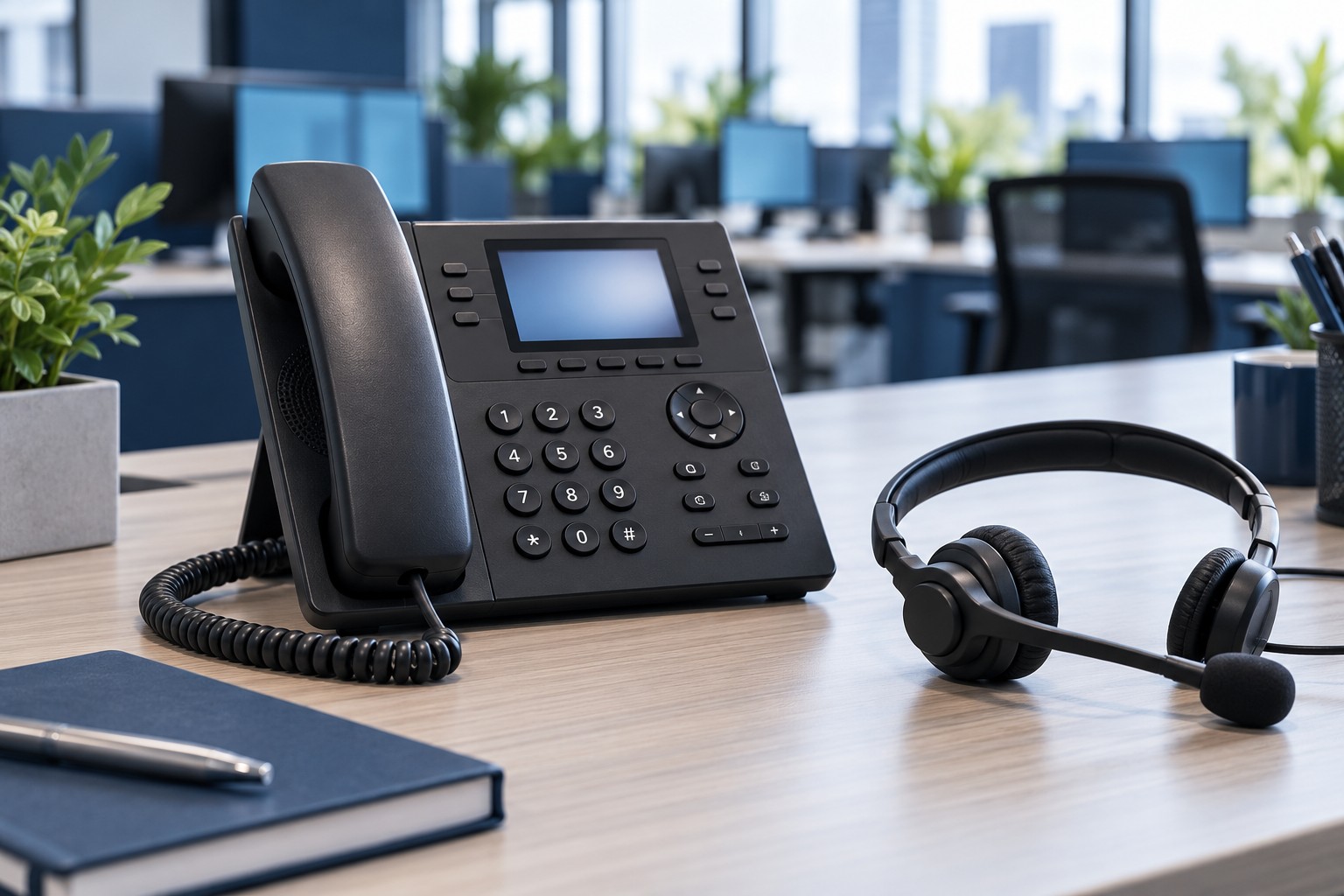 Ενδεικτική εικόνα τηλεφωνικής συσκευής VoIP και ακουστικών επικοινωνίας